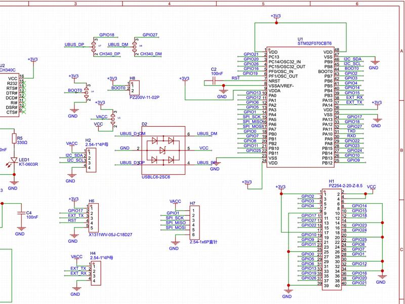 Schematic of the Doer USB GPIO with the STM32F070 microcontroller and 40-pin header